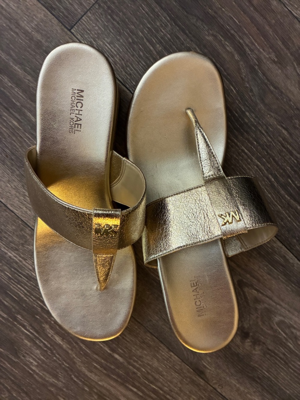 Michael Kors Metallic Gold Thong Sandals with MK Logo